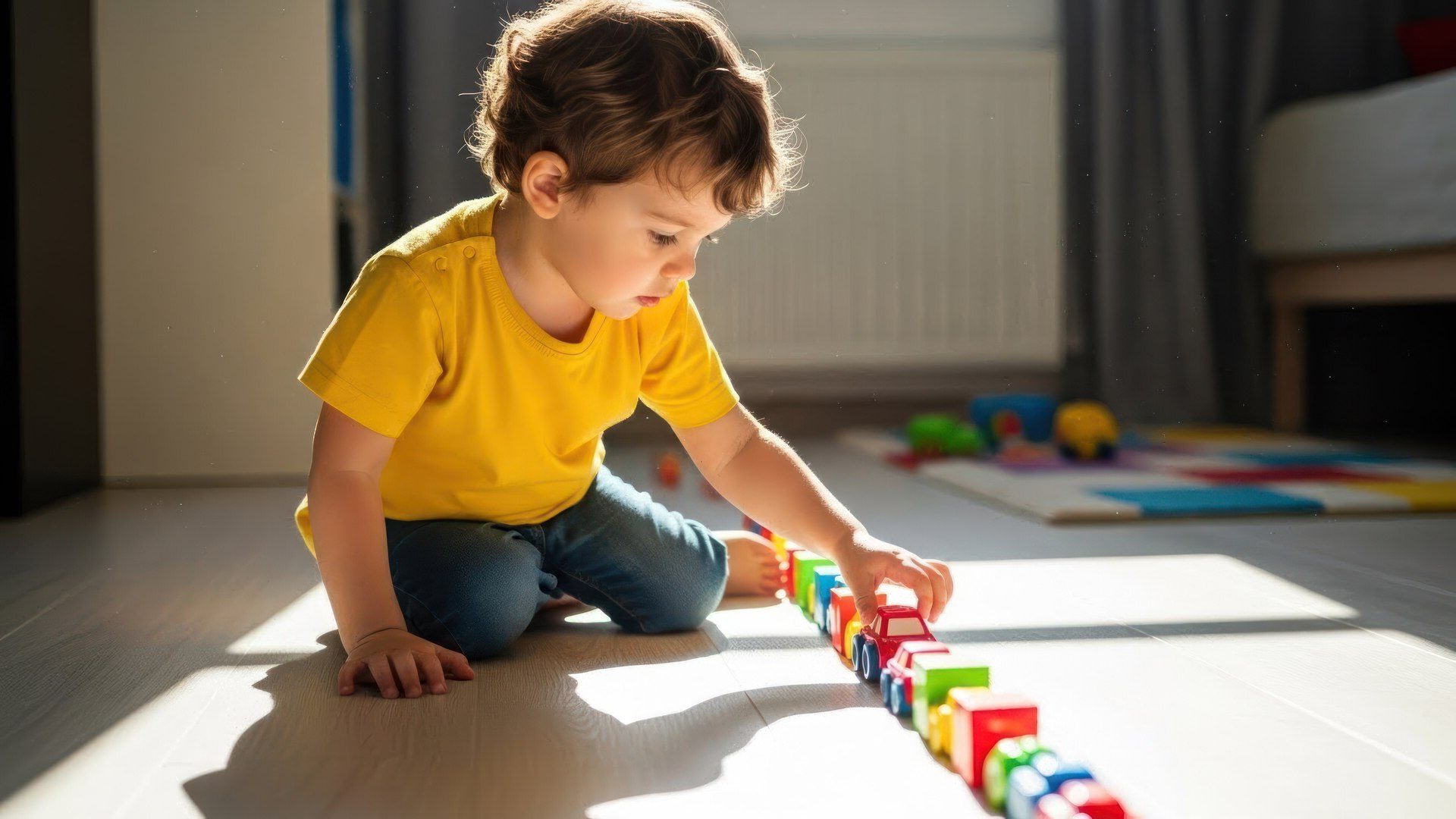 A young boy playing with toy blocks