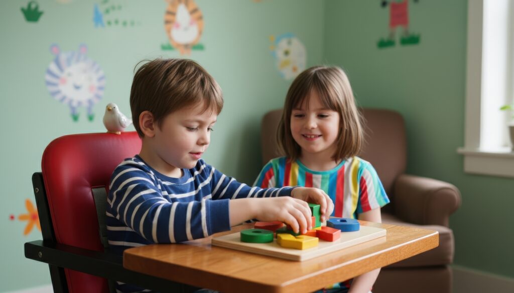 Focused Boy and Smiling Girl Engage with a Colorful Shape Sorting Toy in a Playroom
