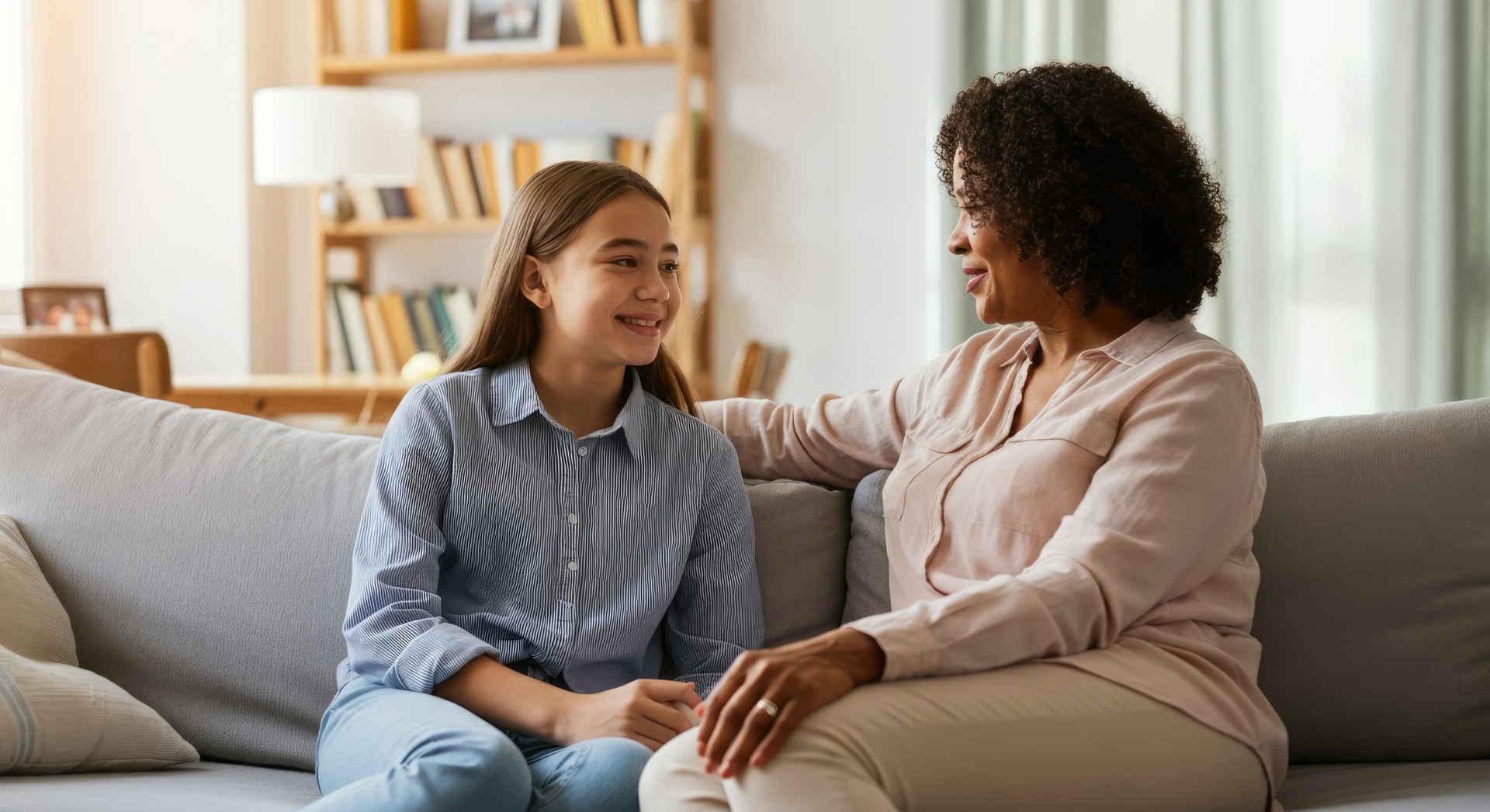 Smiling women, Black and White, talking on sofa in cozy room with bookshelves
