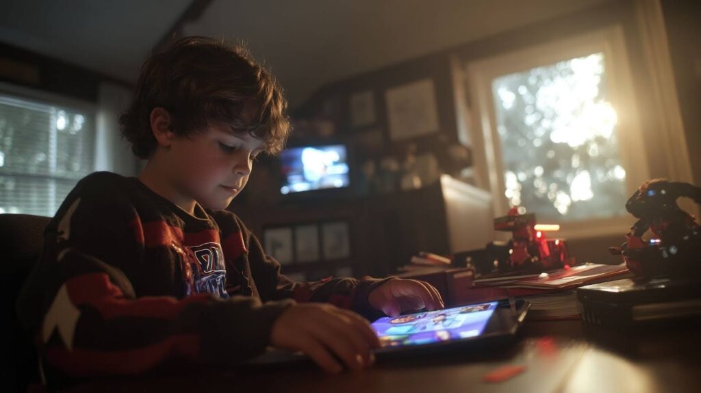 Child engaged with digital tablet at home for entertainment and learning
