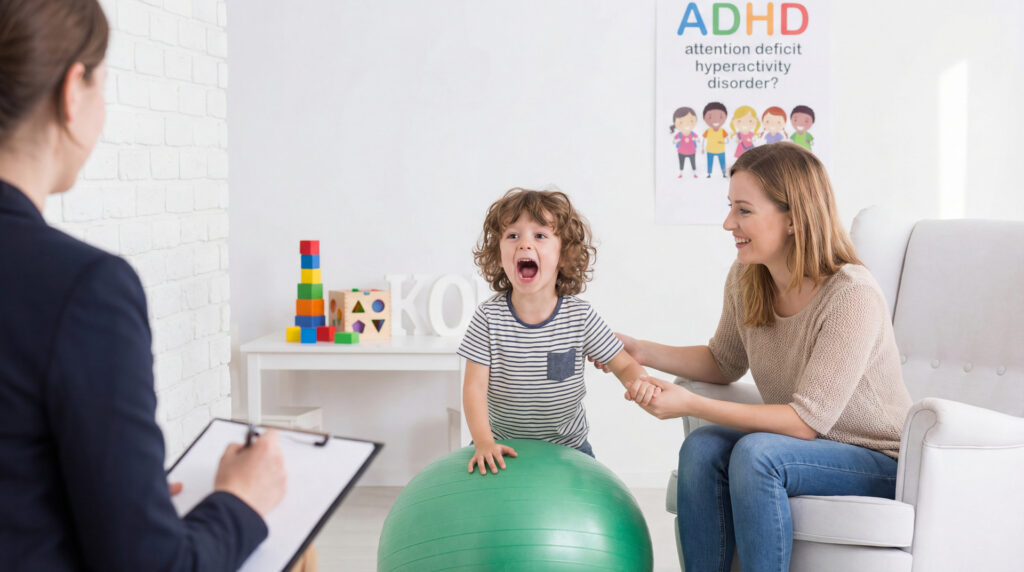 Child with ADHD in therapy session with mother and therapist.