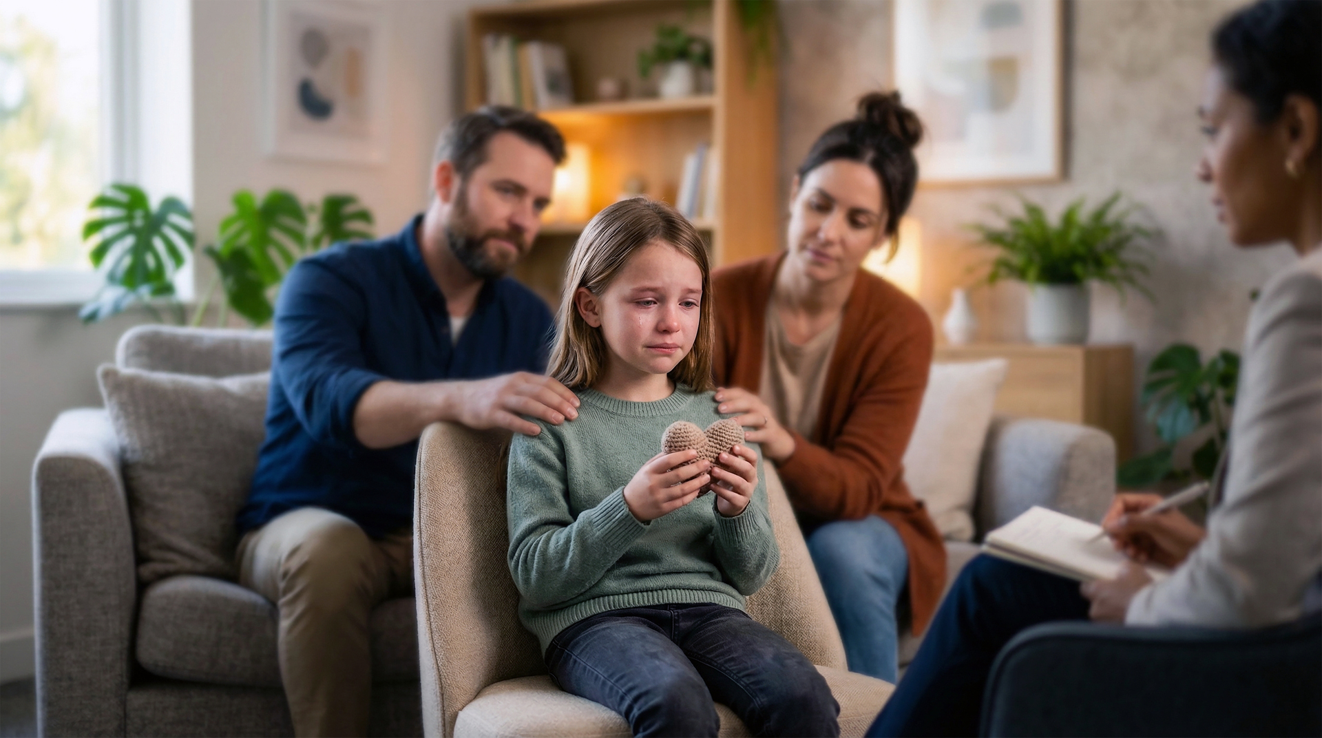 Family counseling session shows distressed child comforted by pa