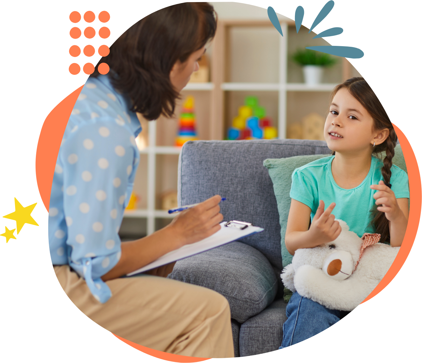 Happy Little Girl Telling Story to Child Psychologist during Therapy Session in Cozy Office